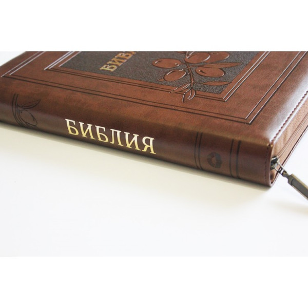 Библия, синодальный пер., коричневая, маслины, застежка, индексы, золотой срез, 17x24 см